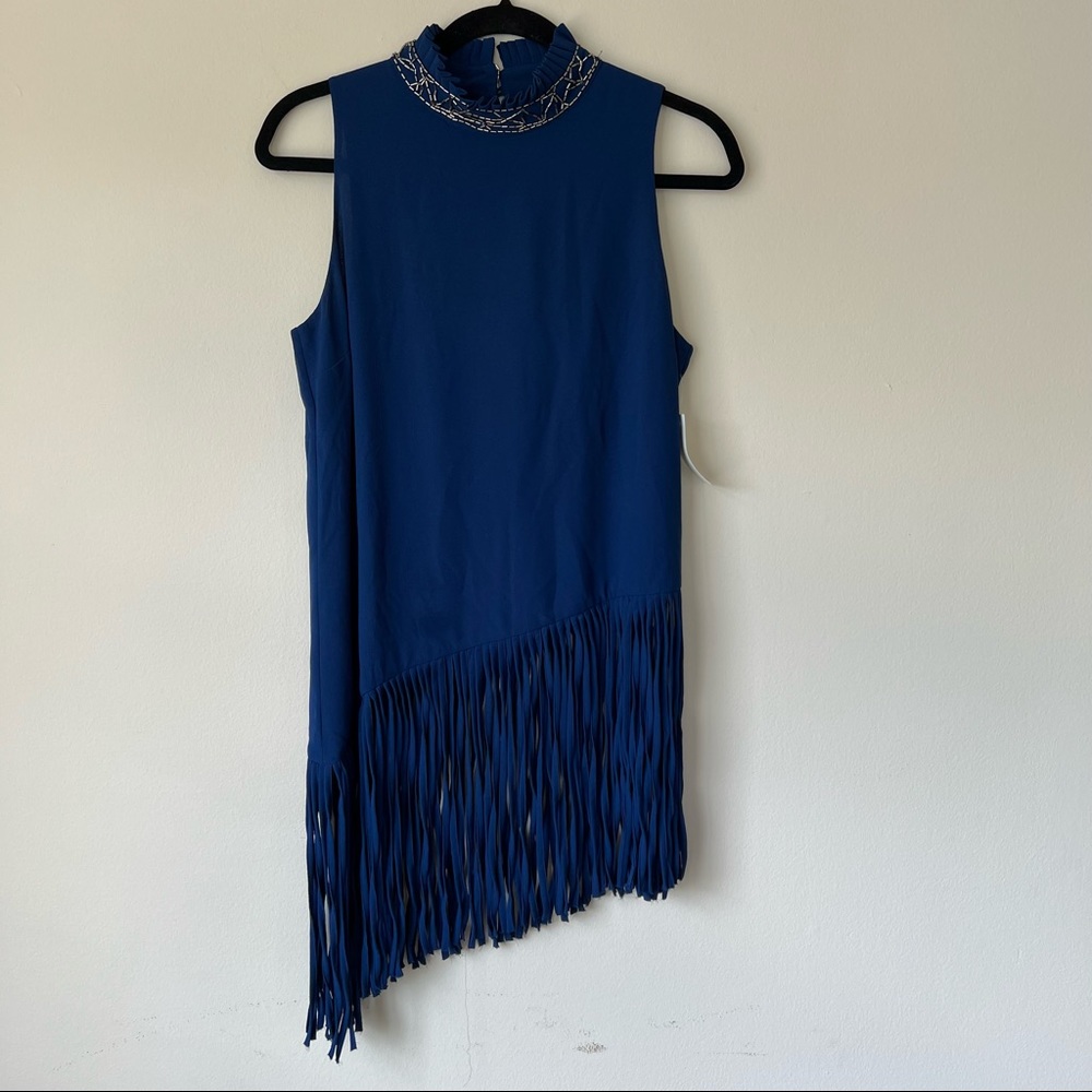 NFC 721 NWT Open Back Fringe Top Sleeveless High Neck Navy Embellished Sz Medium